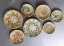 Seven wall rattan baskets in different designs and sizes