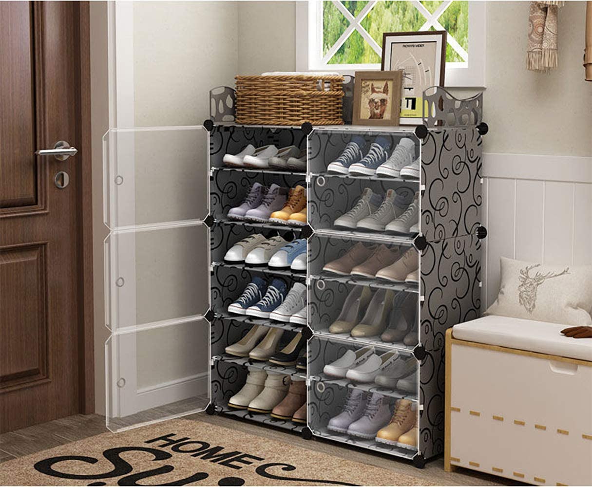 Shoe storage with transparent covers filled with shoes