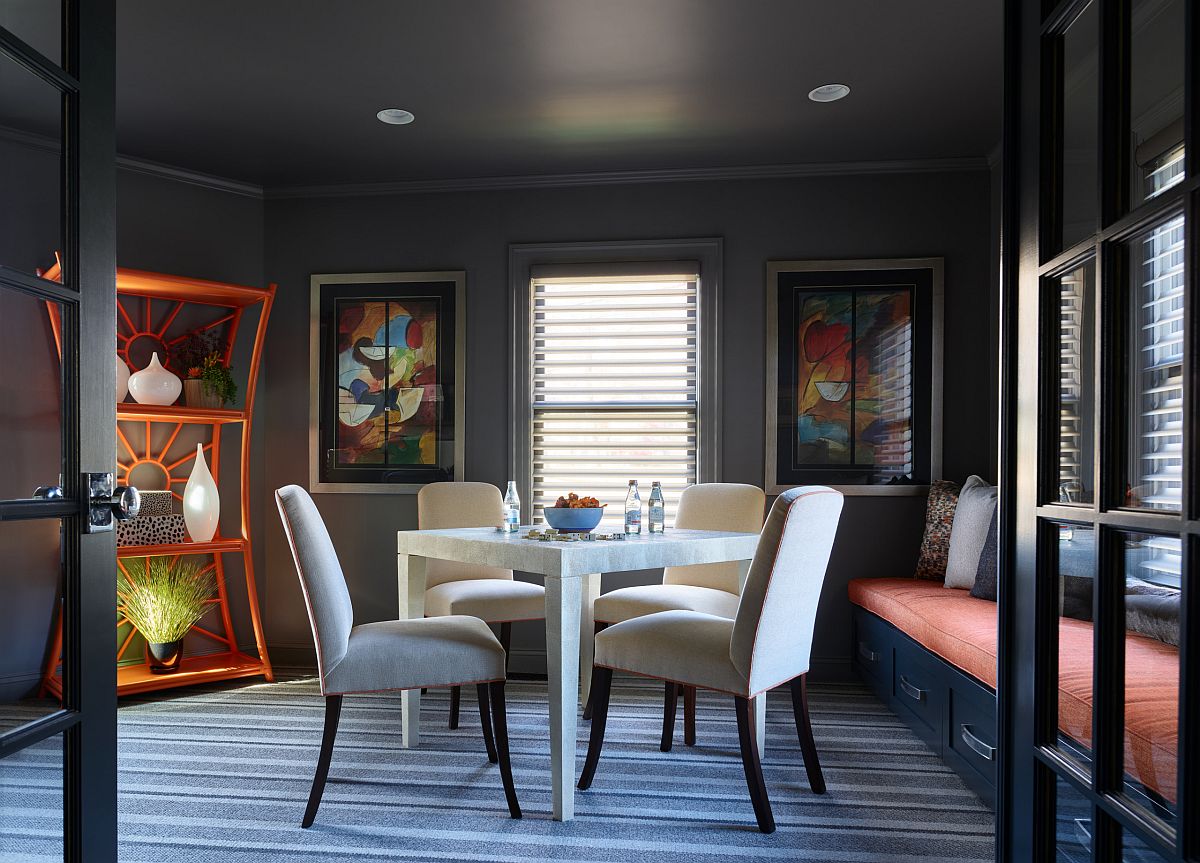 Sophisticated family room and game room with custom window seat and a lovely game table