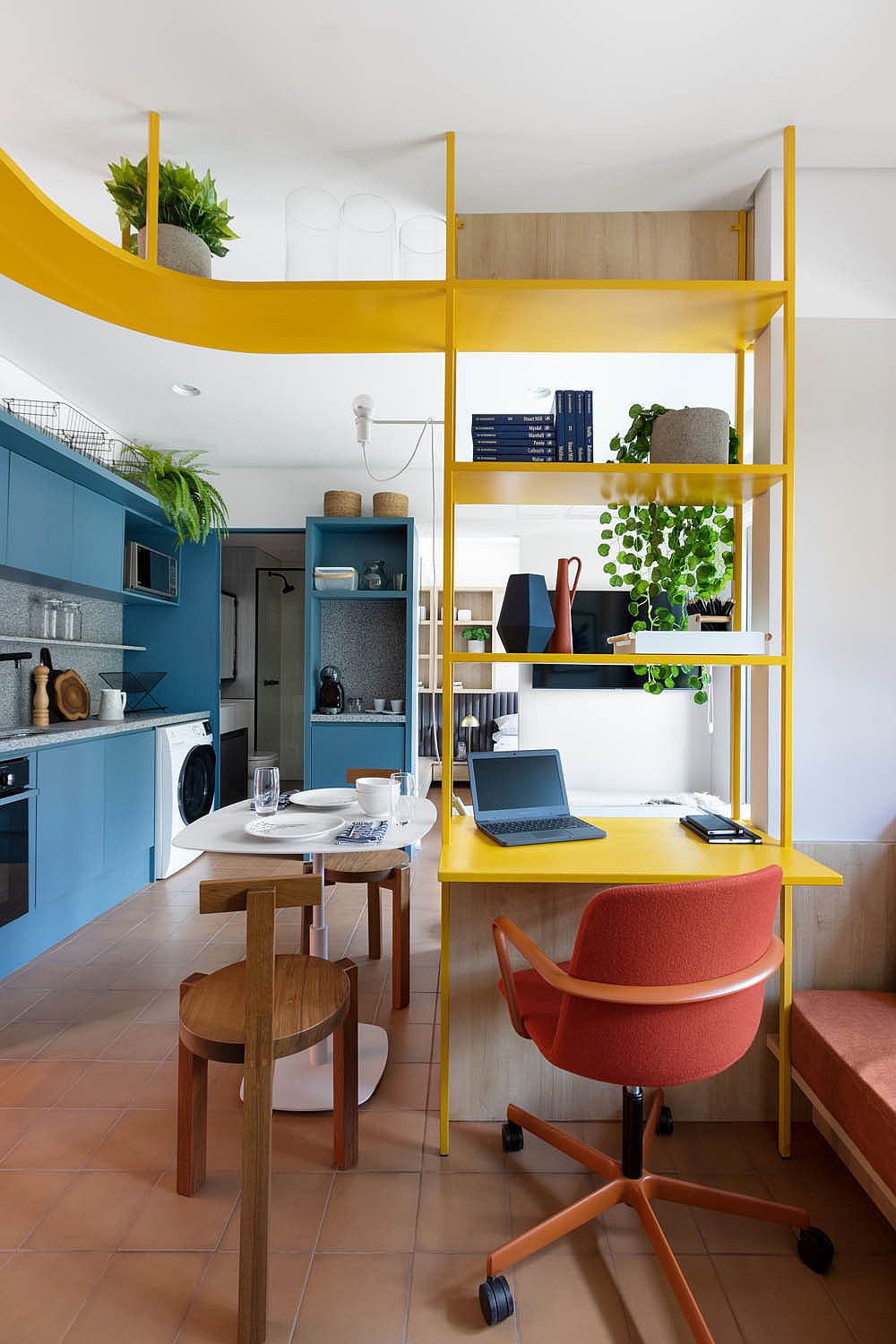 Space-savvy home workspace in solar yellow with metallic glitz