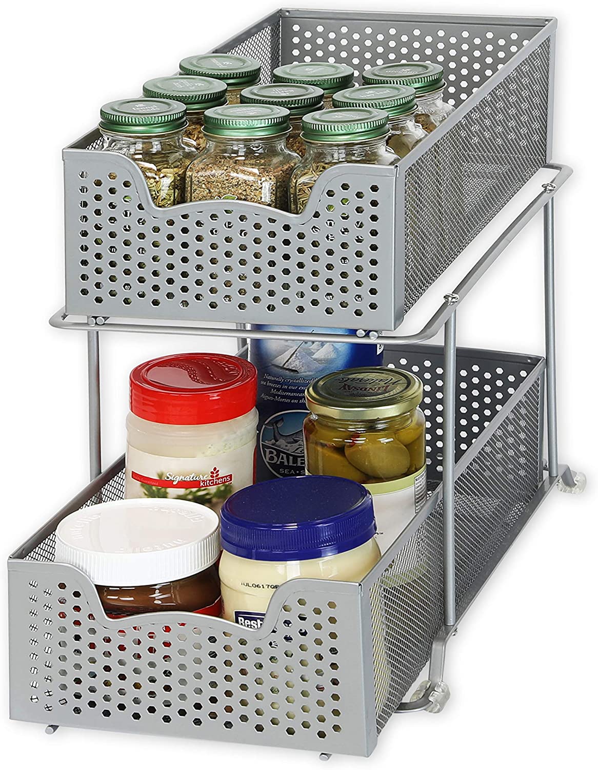 Two layers cabinet basket with kitchen ingredients
