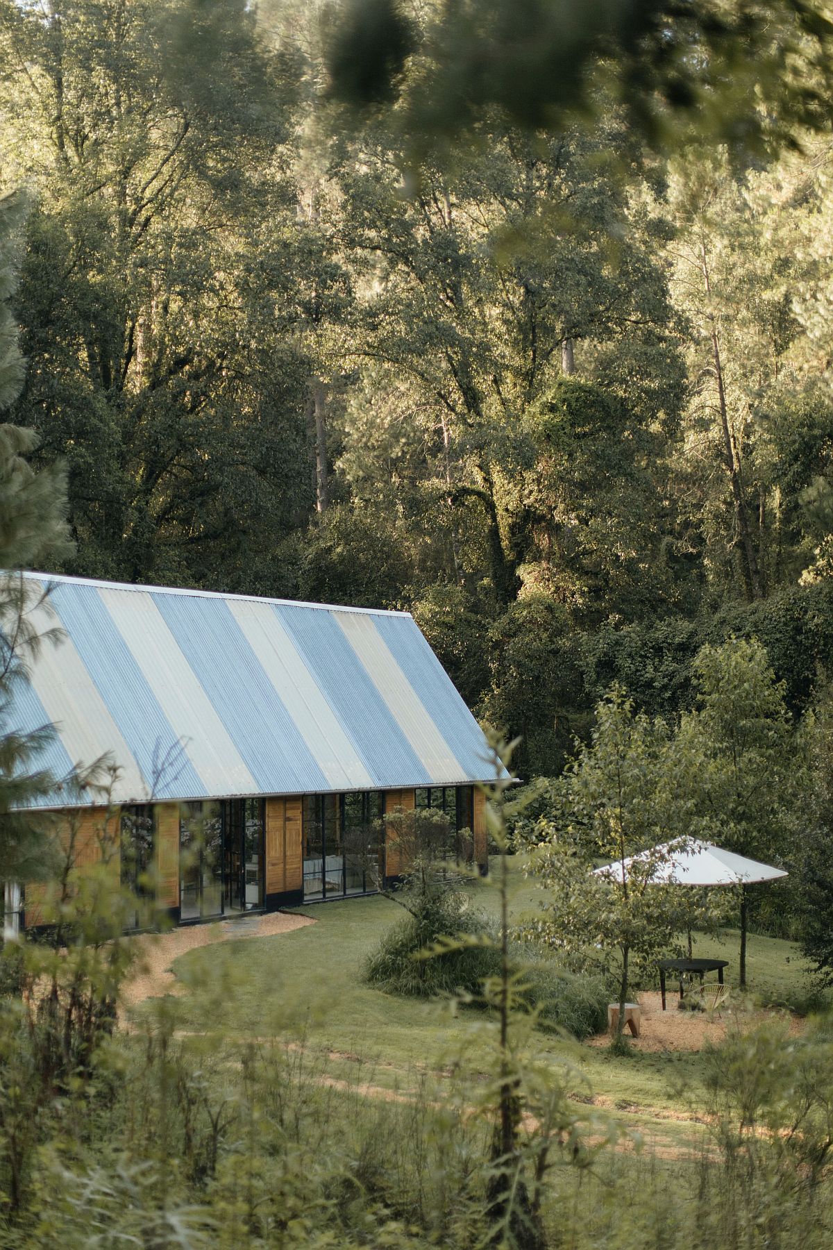 View of the Mi Cielo Lodge in Valle de Bravo surrounded by forest landscape