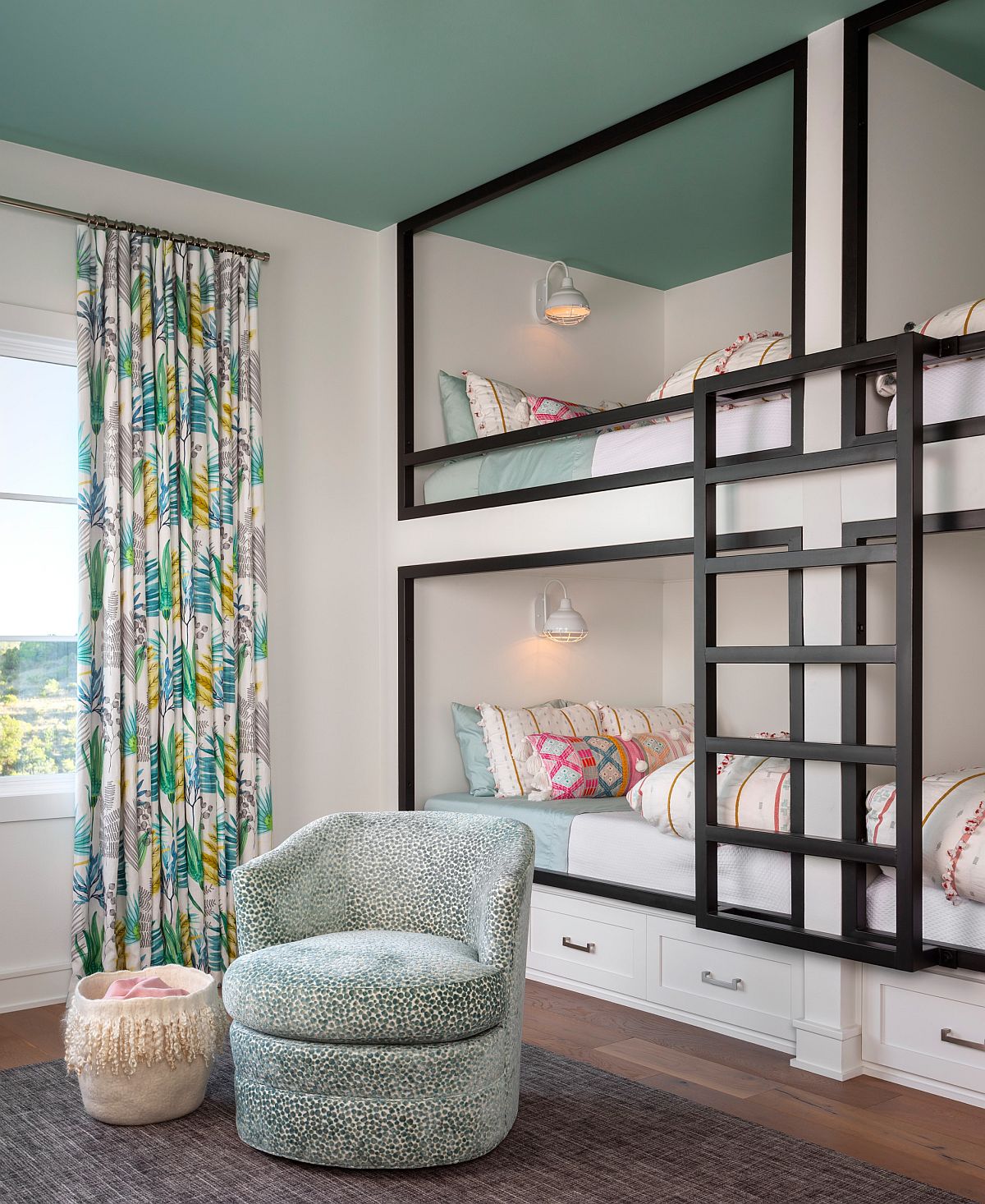 Wall of bunk beds is the perfect way to add additional sleeping space in the kids' room