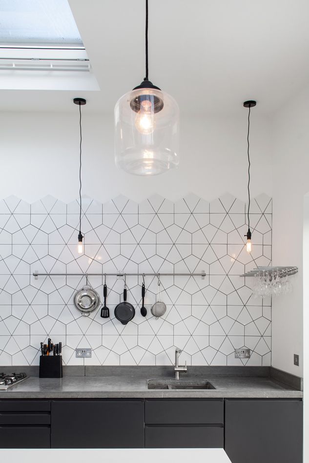 White geometric kitchen backsplash tiles