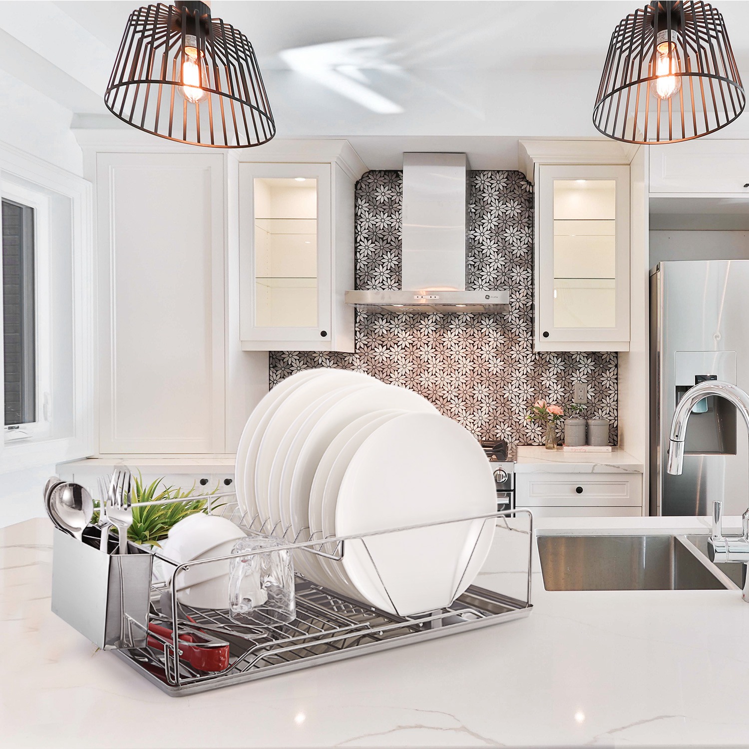 White plates on top of kitchen counter