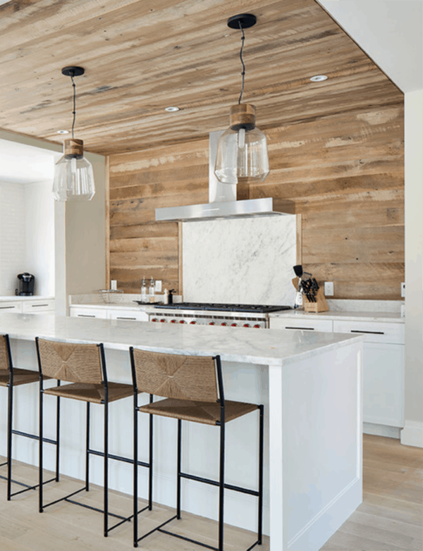 Wood planked kitchen backsplash