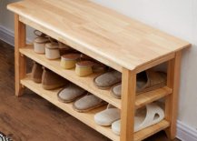 Wooden storage bench with shoes