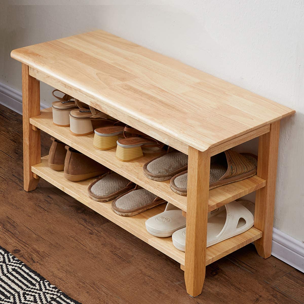 Wooden storage bench with shoes