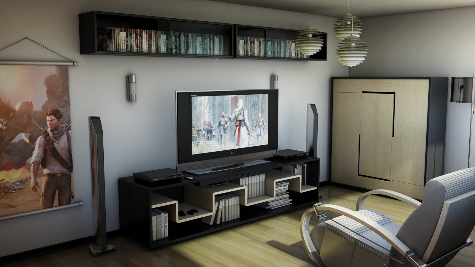 modern video game room setup with shelves framing TV
