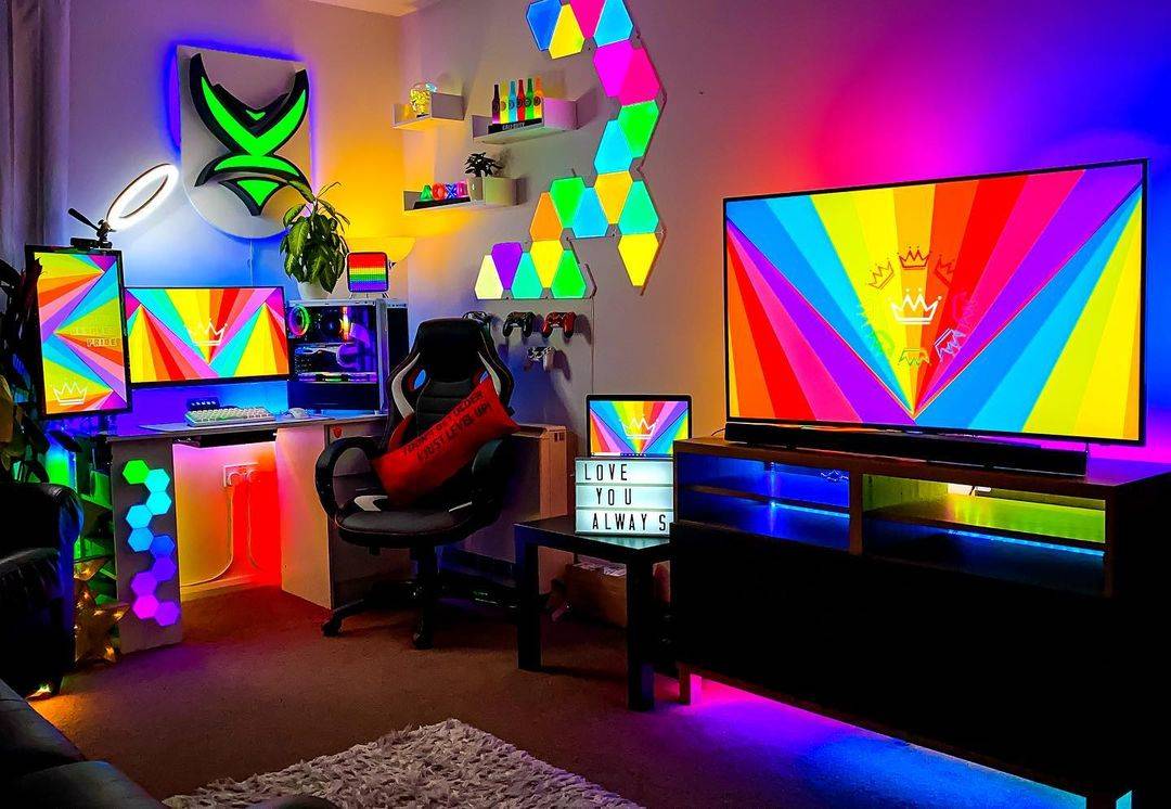 multicolored video gaming set up