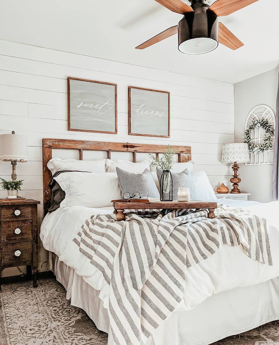 white rustic farmhouse bedroom with shiplap and wall inscription