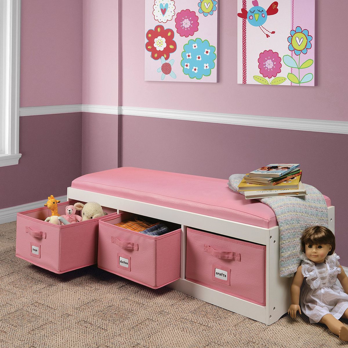 A beautiful blend of storage with seating options in the modern kids&#039; room