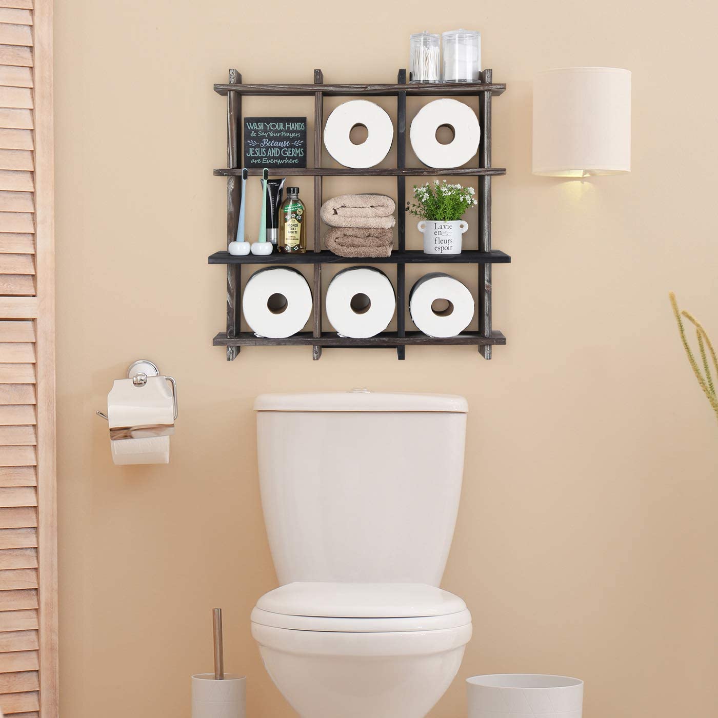 Big square storage divided into nine small squares full of essentials above toilet seat