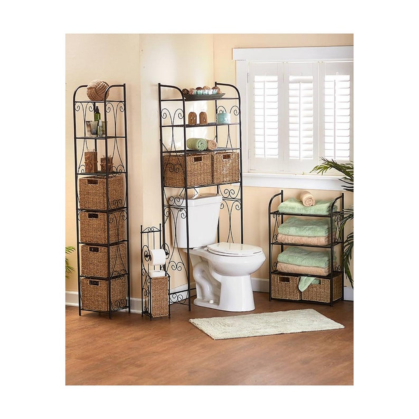 Black metal shelves with wicker baskets in the bathroom