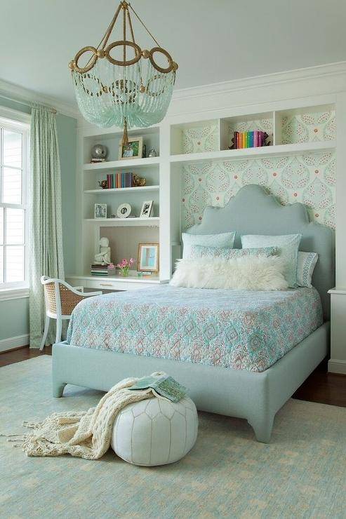 bookshelf bed blue chandelier floor pouf