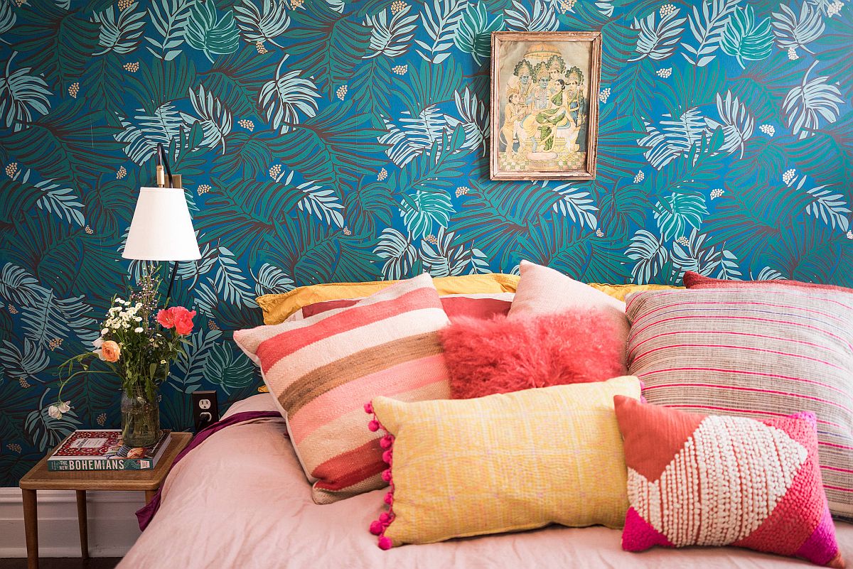 Brilliant modern eclectic bedroom combines floral prints with vivacious color and a dash of teal!