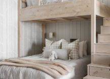 bunk beds with stair storage white bedding wood