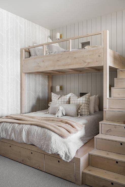 bunk beds with stair storage white bedding wood