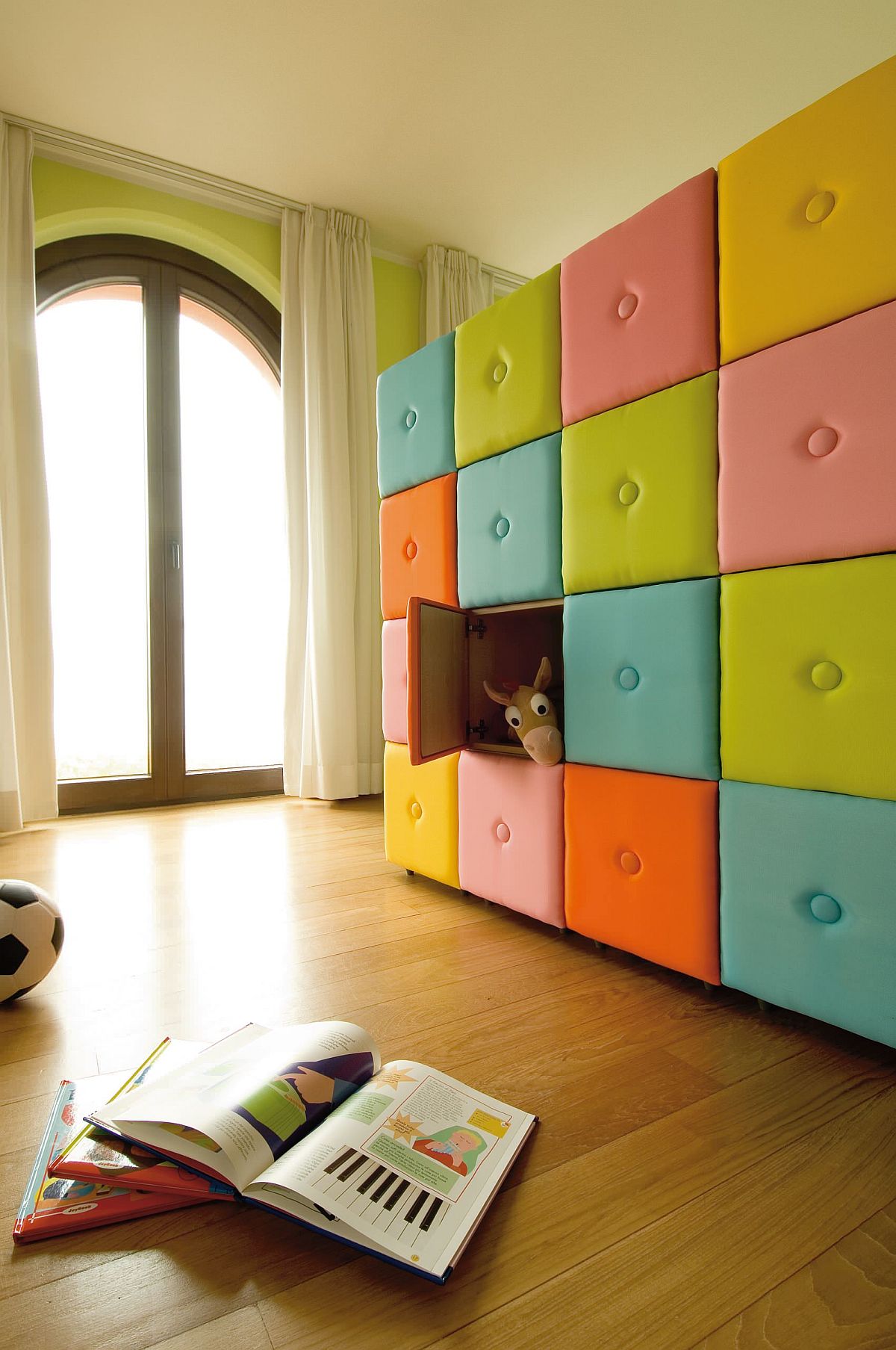 Colorful and creative wall of storage cubes in the kids' room