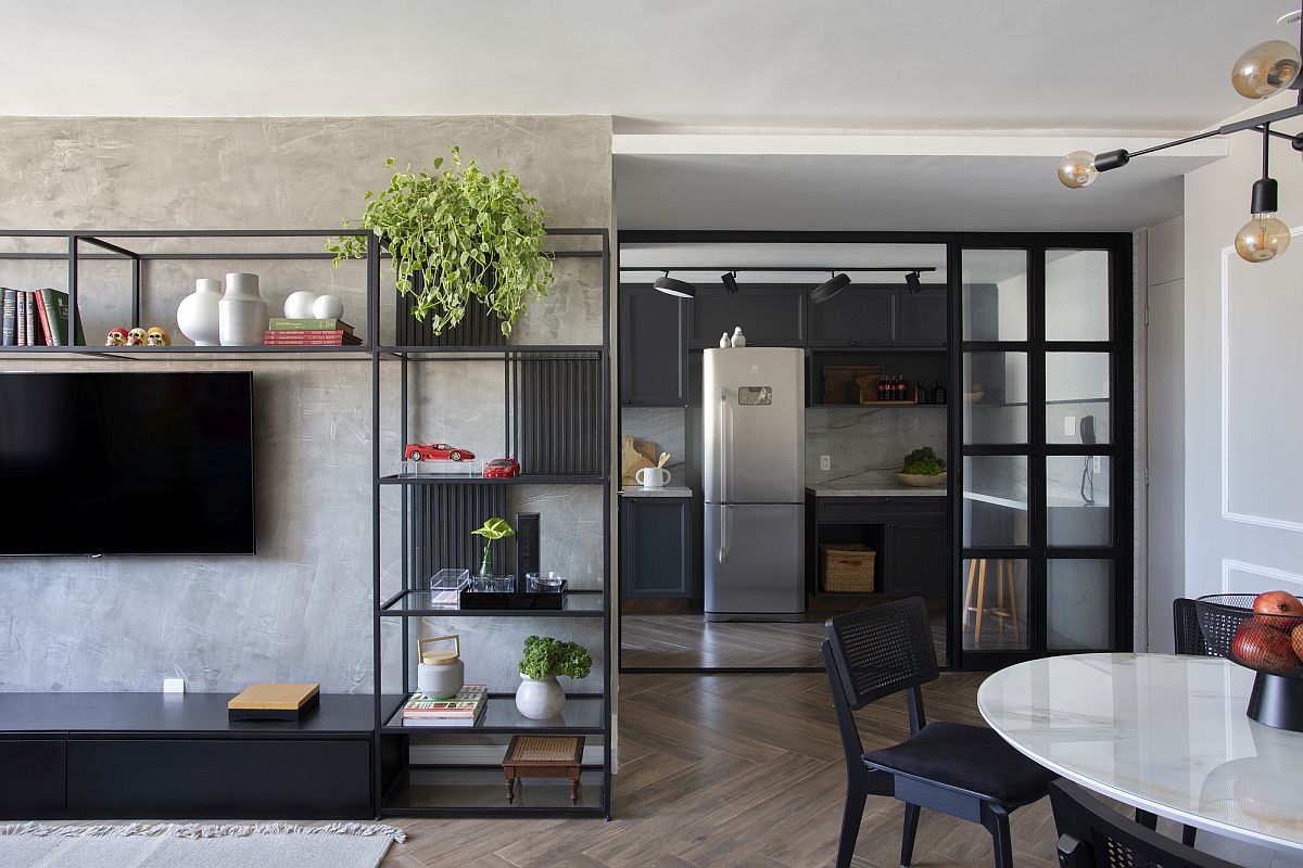 Contemporary ease is combined with industrial touches inside the smart apartment makeover