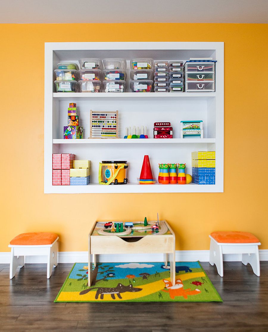 Custom shelves in the wall allow you to maximize the space in the kids' room while storing the toys