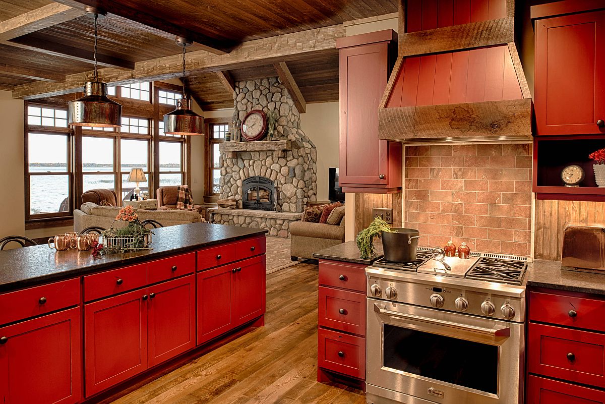 Dashing kitchen with smart red islands and stone countertops