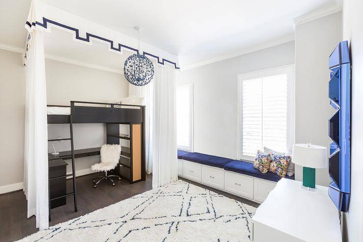 desk under bunk bed bedroom white carpet orb chandelier 