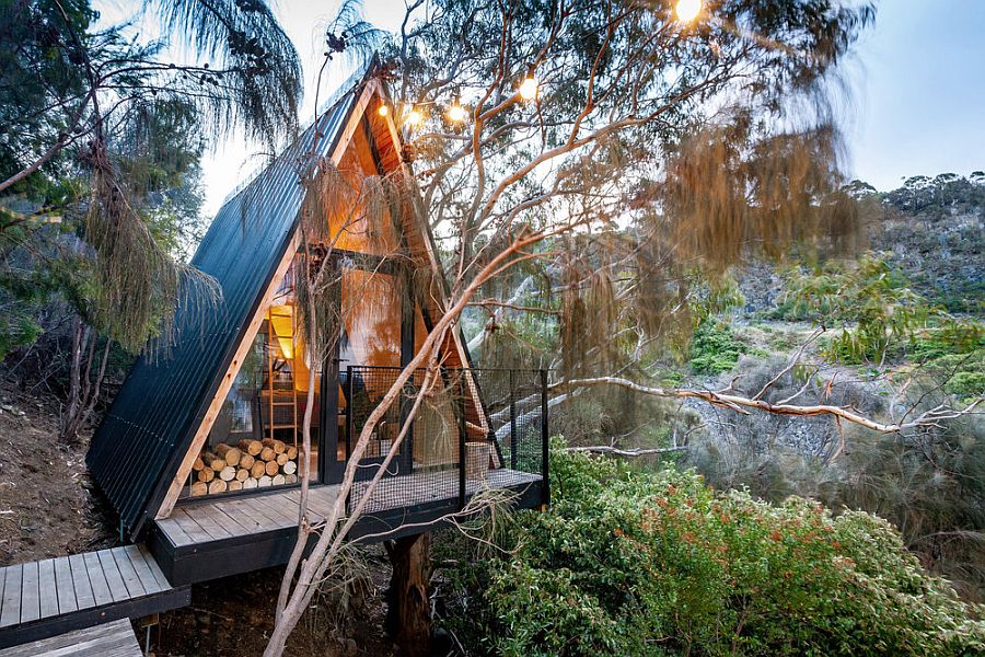 Small A-Frame Treehouse in the Woods made from Recycled Materials