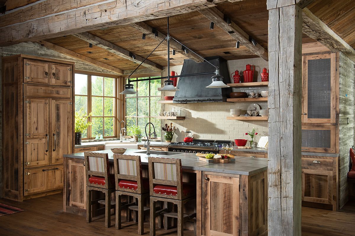 Fabulous rustic kitchen with wooden cabinets, weathered finishes and pops of red