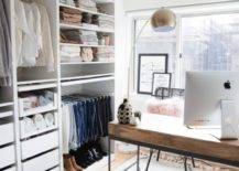 floor to ceiling closet clothes desk in front of big window