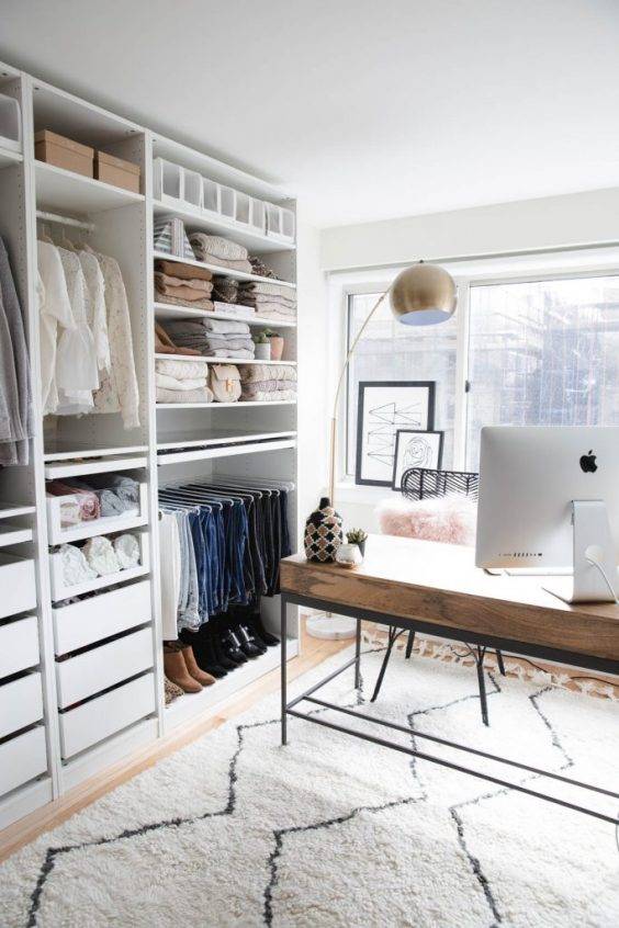 floor to ceiling closet clothes desk in front of big window