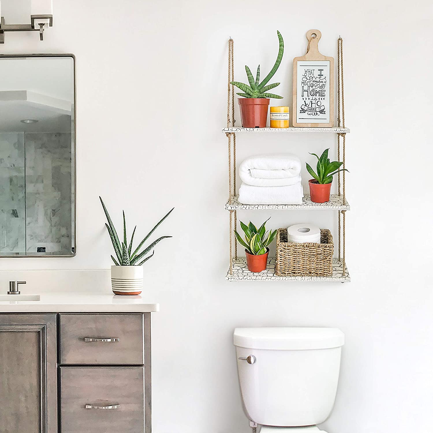 Hanging shelf with plants and towels above the toilet