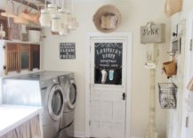Laundry room decorated with dangling jars and baskets