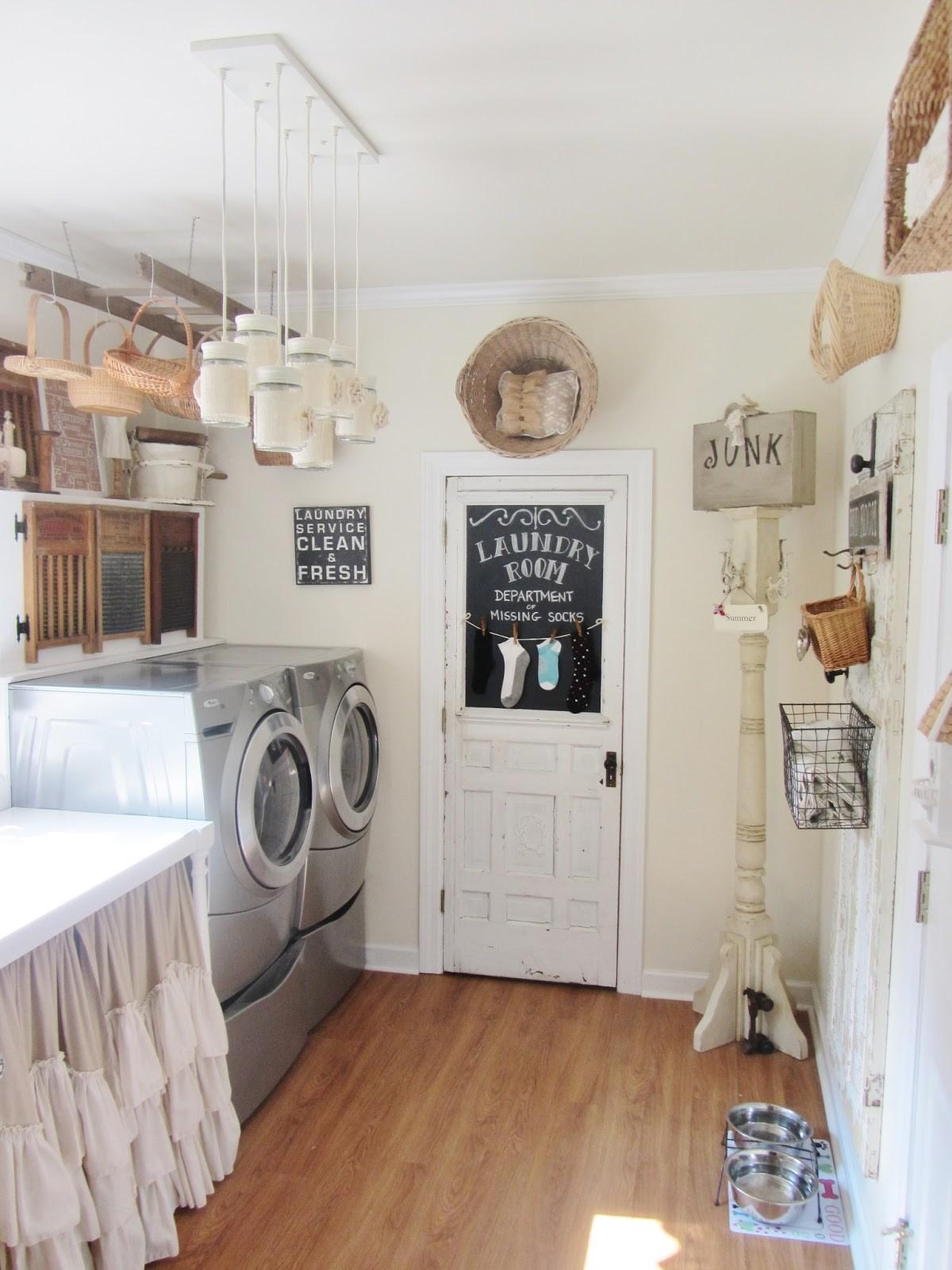 Laundry room decorated with dangling jars and baskets