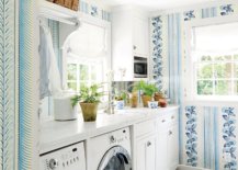 Laundry room with blue wallpaper and small potted plants