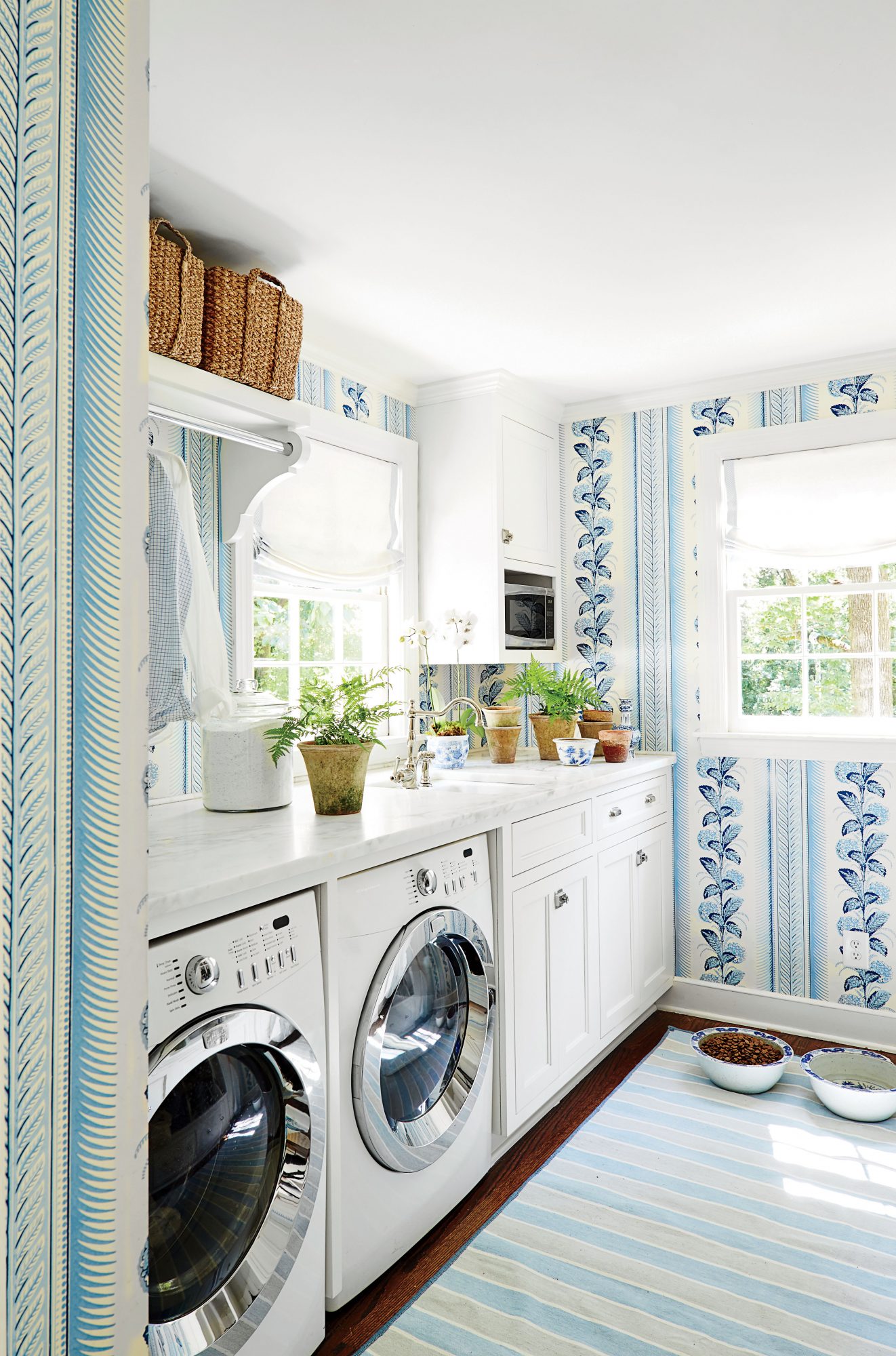 Laundry room with blue wallpaper and small potted plants