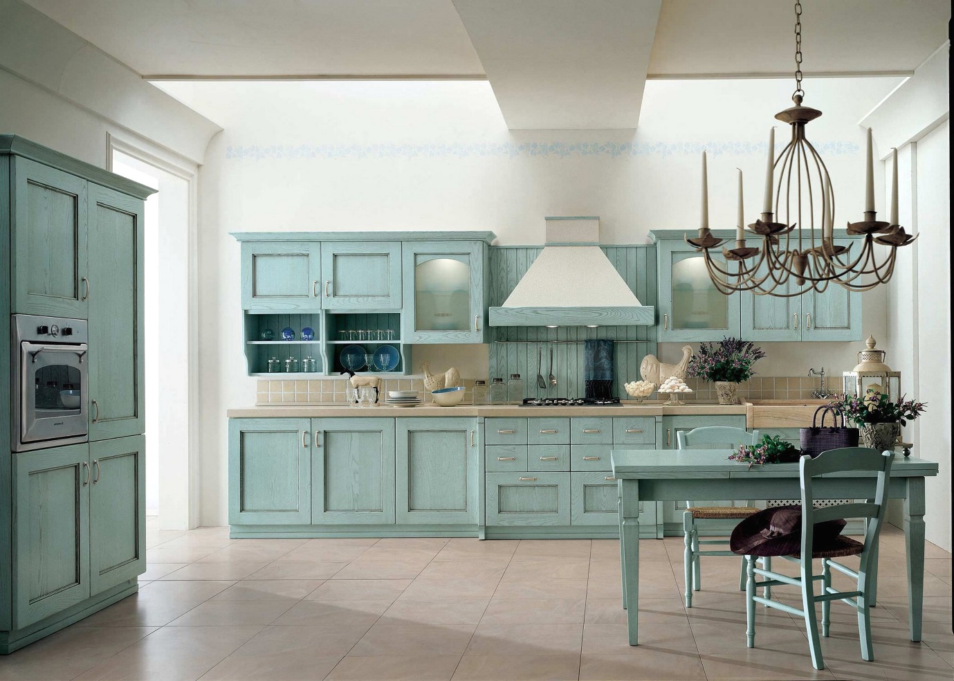 light blue green kitchen cabinet