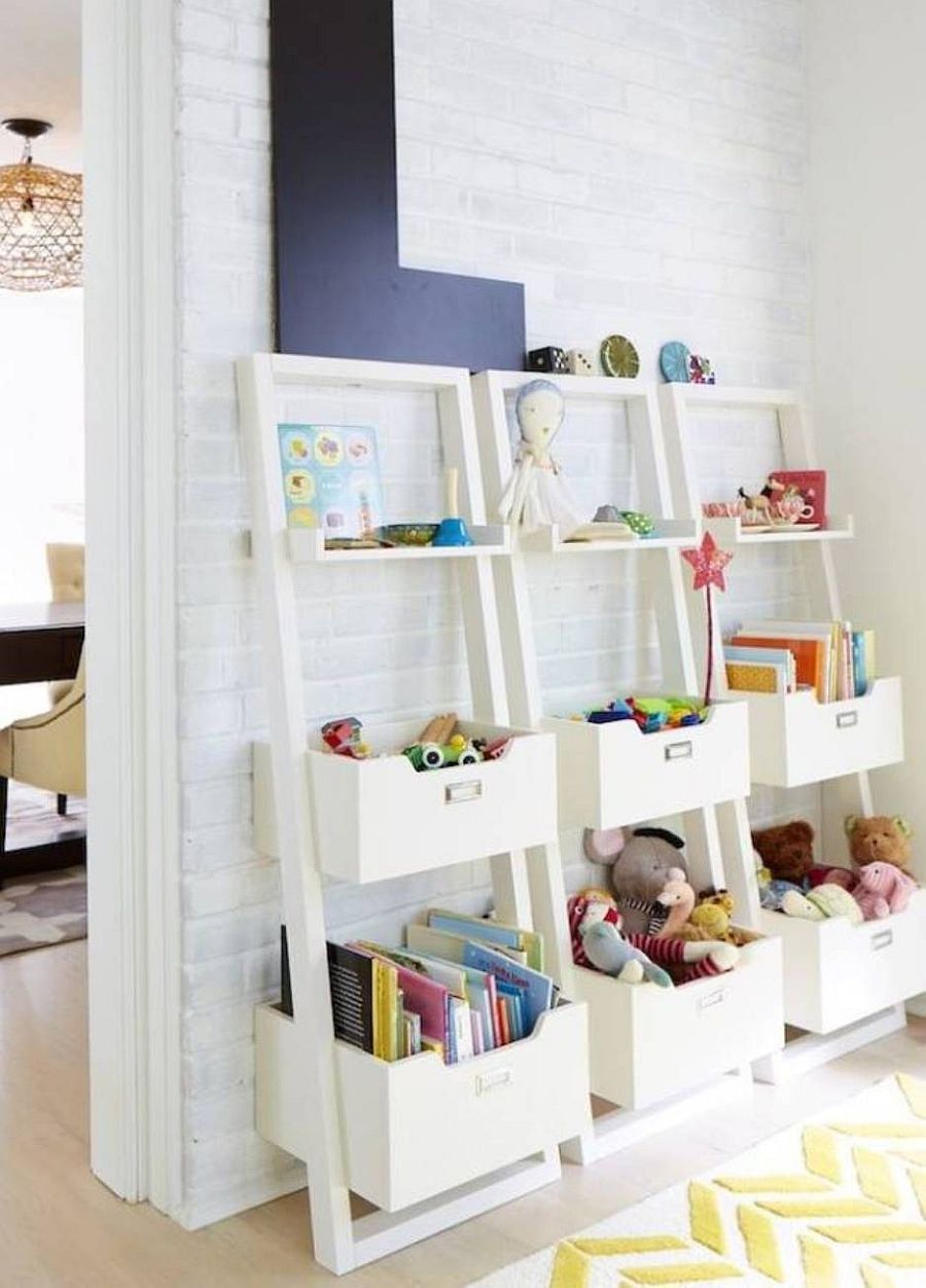 Open, ladder styled toy storage options that help tuck away all the mess in the kids' room