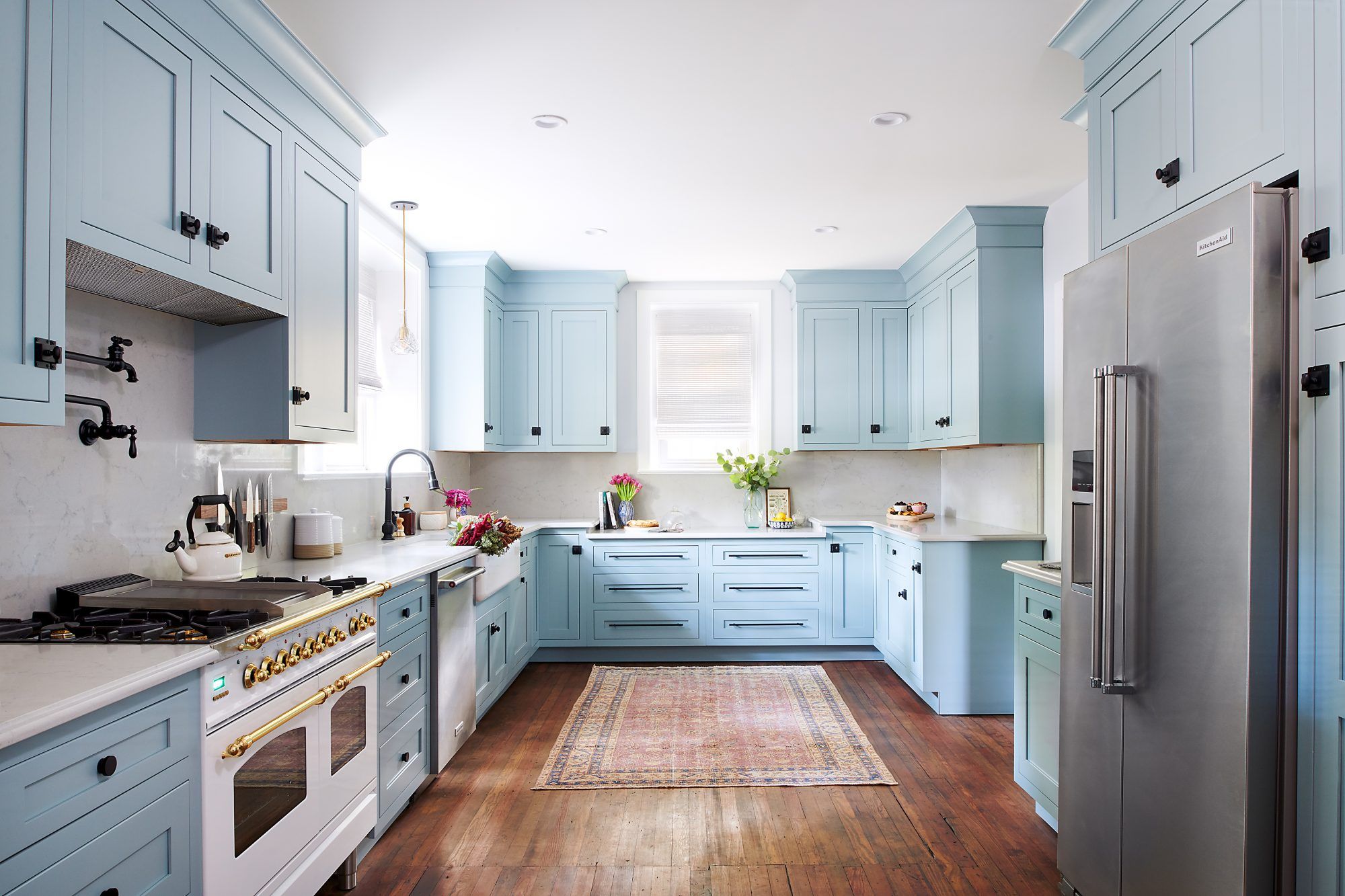 powder blue wall in kitchen