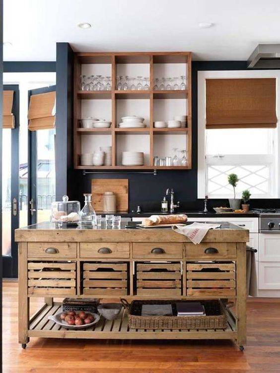 Rolling table with drawers and crates