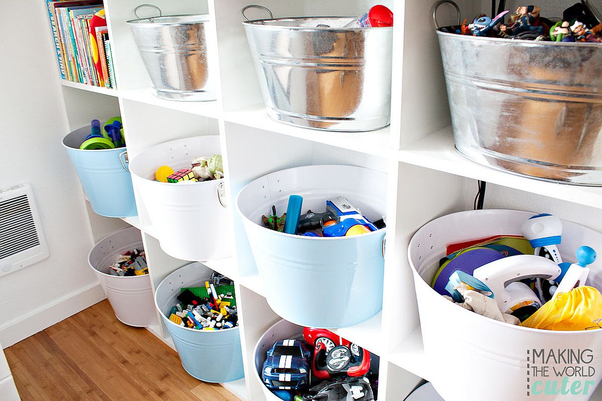 Series of baskets and bins turn the open shelves into an organized storage space