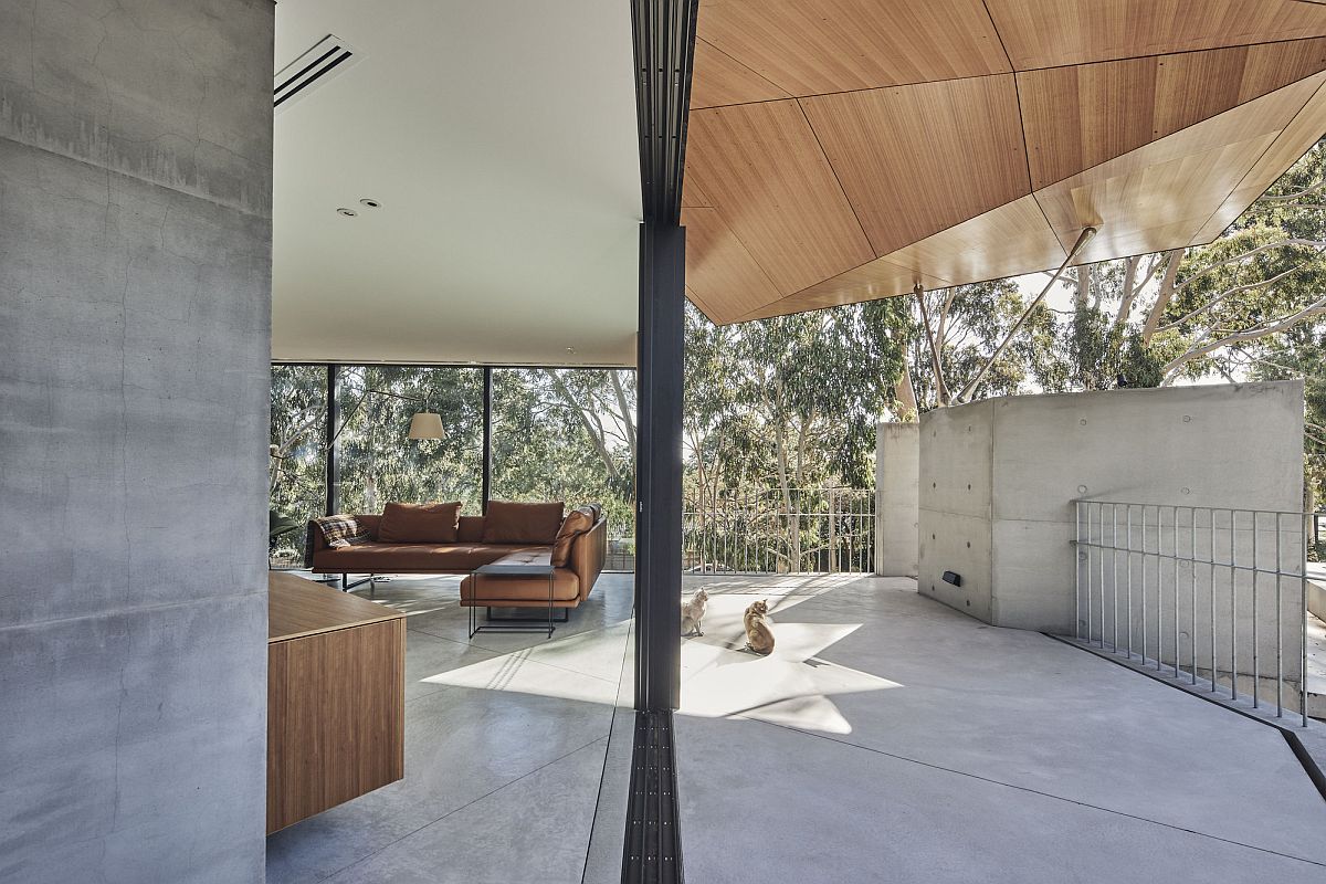 Sliding glass doors connet the interior with the outdoors even as the folded roof in wood steals the spotlight