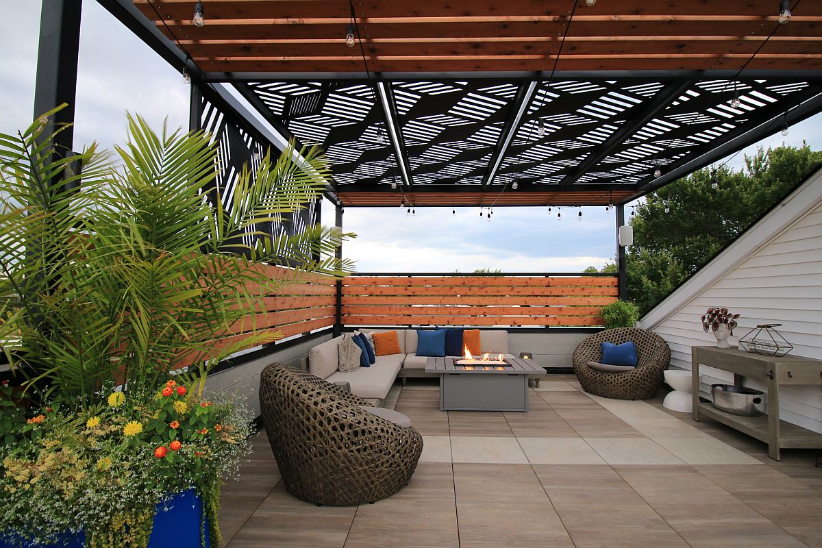 Smart pergola structure provides shade for this stylish outdoor deck