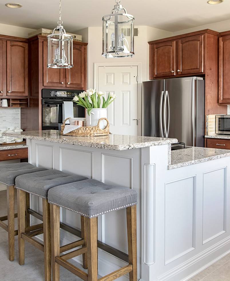 Three gray stools in a bar countertop