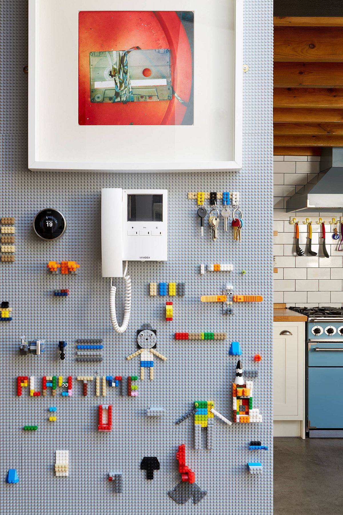 Using a pegboard wall to store smaller toys and accessories in the kids' room