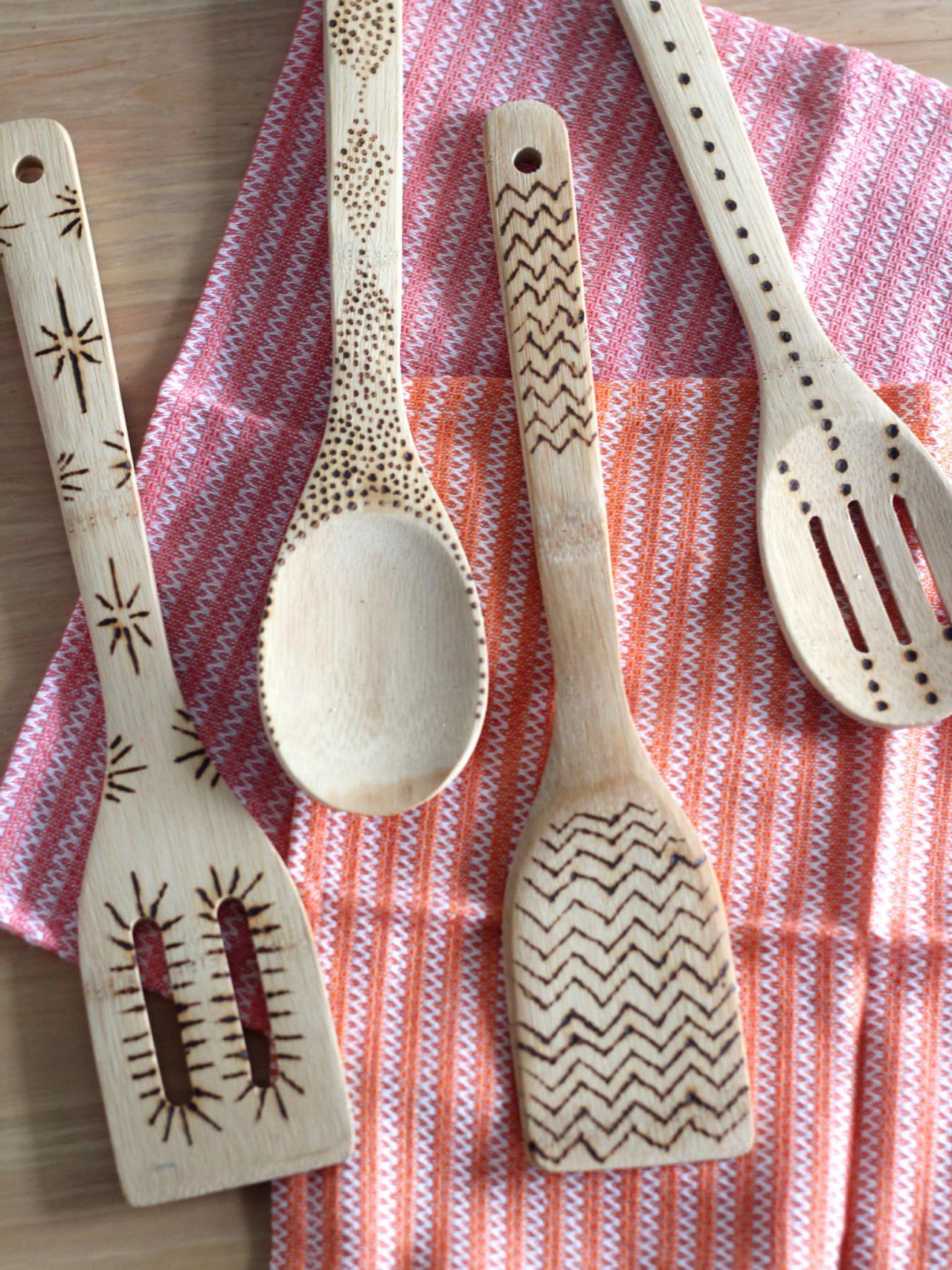 Variety of wood spoons and spatula with pattern