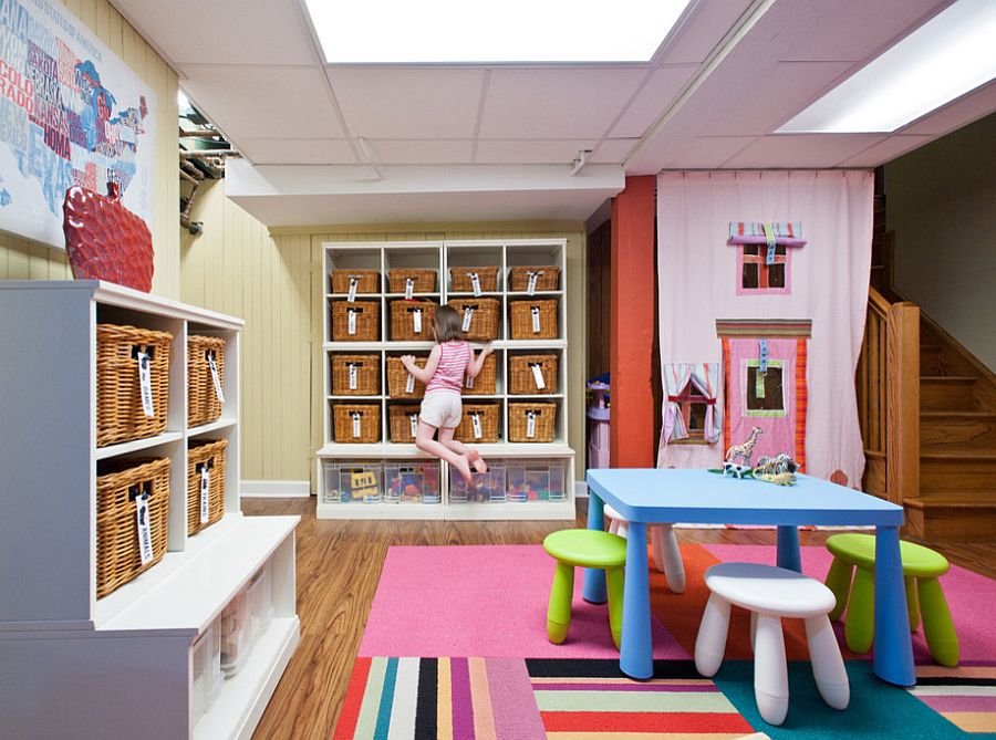 Wall of baskets in the kids playroom make an instant impact both visually and functionally