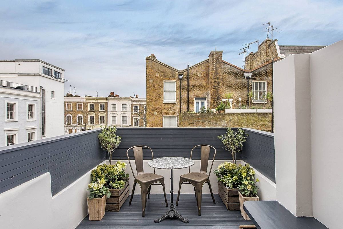 White and gray deck of urban London home where space-conscious design meets contemporary style