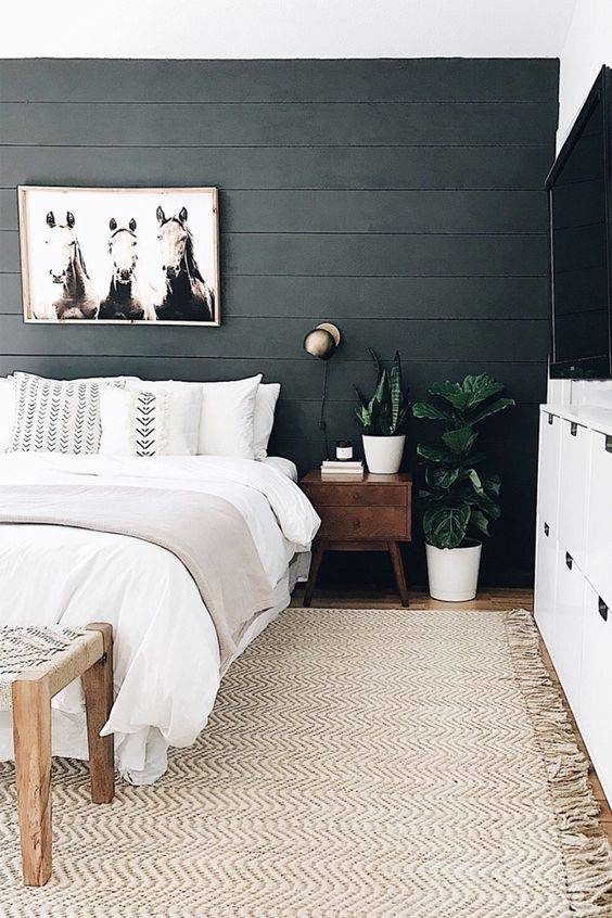 black shiplap accent wall bedroom
