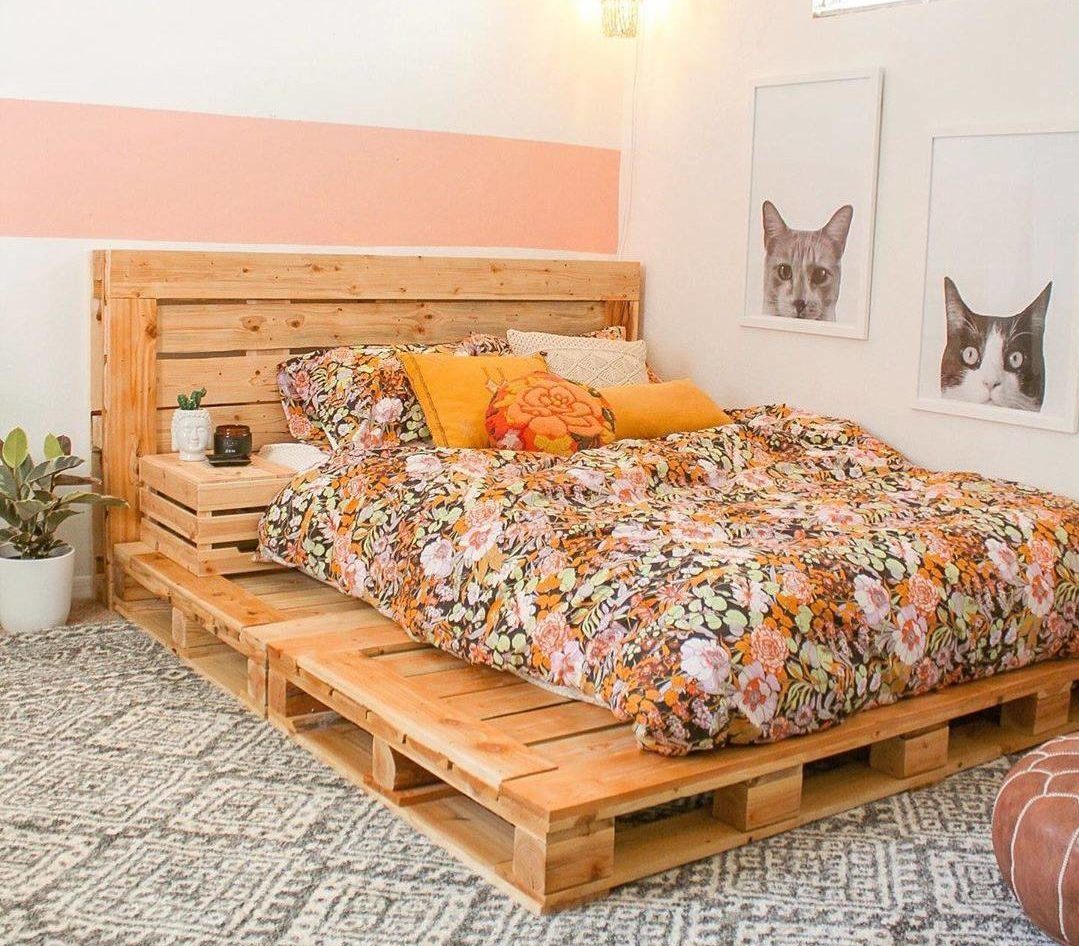 Chic Modern Floral Pallet Bed Frame Side Table Pink Geo Carpet Cat Art